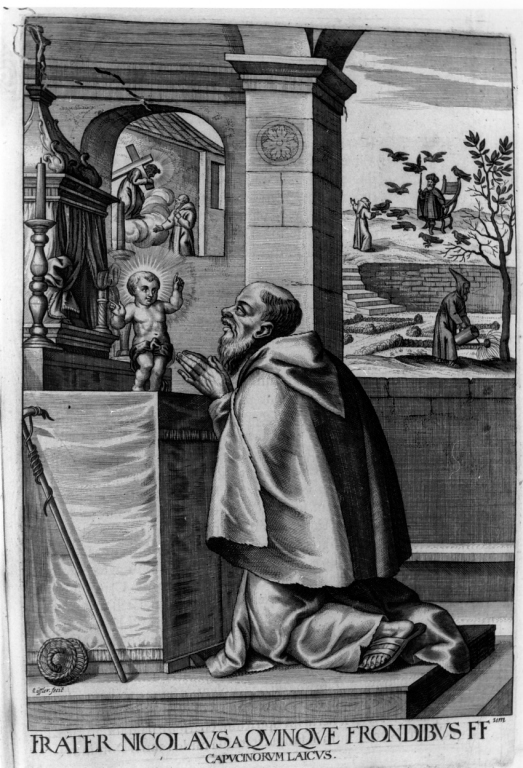 apparizione di Gesù Bambino a frate Nicola da Cinque Fronde (stampa) di Loffler Johann Eckhard, Loffler Heinrich, Schott Johann (sec. XVII)