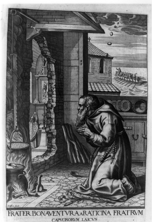 frate Bonaventura da Radicina in preghiera mentre cucina (stampa) di Loffler Johann Eckhard, Loffler Heinrich, Schott Johann (sec. XVII)