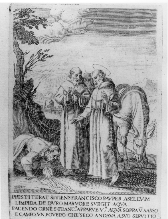 San Francesco d'Assisi fa scaturire l'acqua dal terreno roccioso (stampa) di Villamena Francesco (sec. XVI)