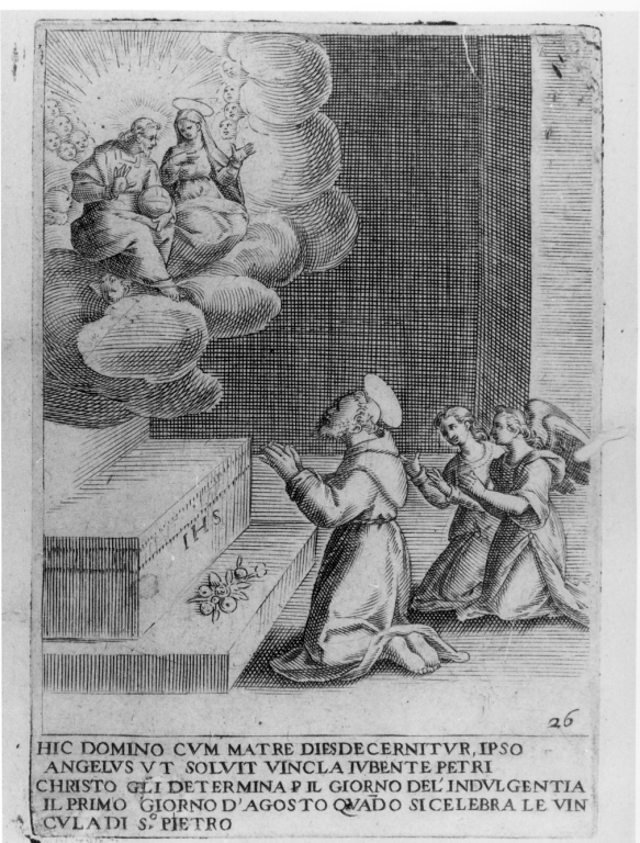 apparizione della Madonna e di Cristo a San Francesco d'Assisi (stampa) di Villamena Francesco (sec. XVI)