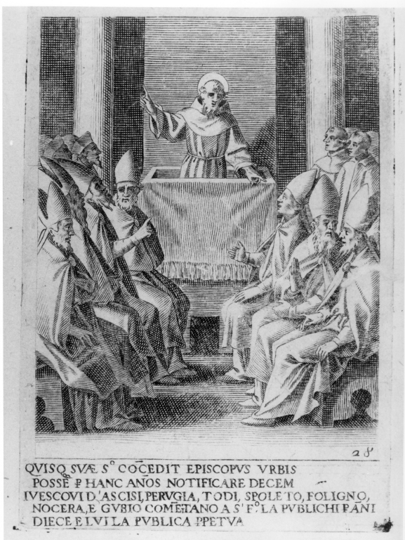 San Francesco d'Assisi davanti ai vescovi umbri (stampa) di Villamena Francesco (sec. XVI)