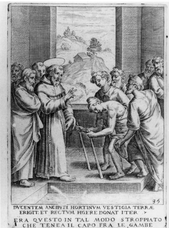 San Francesco d'Assisi guarisce uno storpio (stampa) di Villamena Francesco (sec. XVI)
