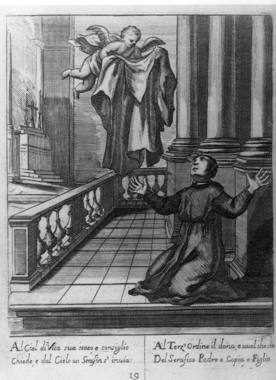 il venerabile Vincenzo Ferrero riceve il saio dei cappuccini da un angelo (stampa) - ambito italiano (sec. XVII)