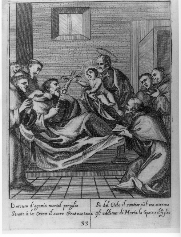 apparizione di Gesù Bambino e San Giuseppe al venerabile Vincenzo Ferrero in agonia (stampa) - ambito italiano (sec. XVII)