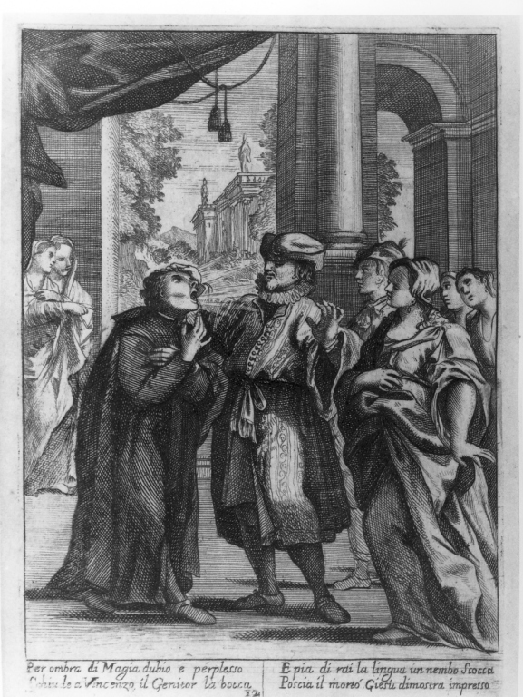 il venerabile Vincenzo Ferrero apre la bocca davanti al padre mostrando sulla lingua l'immagine di Gesù (stampa) - ambito italiano (sec. XVII)