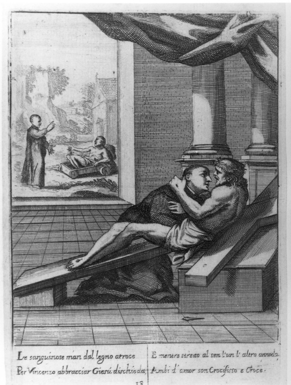 il venerabile Vincenzo Ferrero abbraccia il crocifisso (stampa) - ambito italiano (sec. XVII)