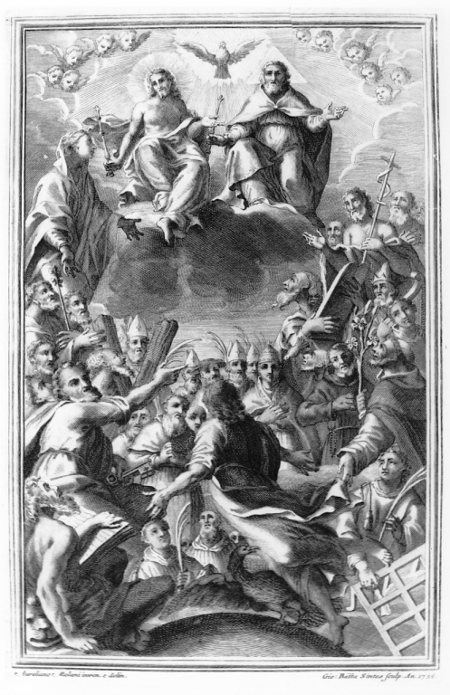Trinità con Madonna e Santi (stampa) di Sintes Giovanni Battista (sec. XVIII)