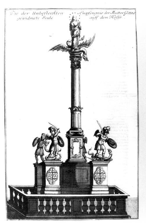 monumento con statua dell'Immacolata Concezione (stampa) - AMBITO VIENNESE (seconda metà sec. XVII)