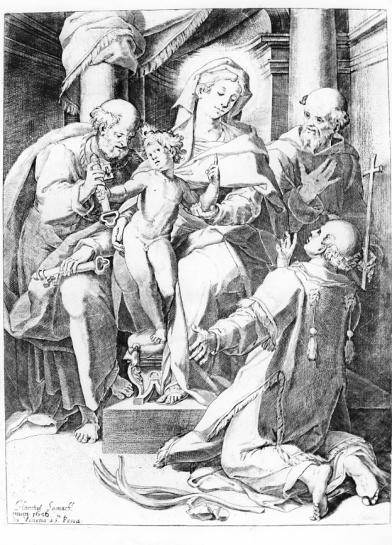 Madonna con Bambino, San Pietro, San Francesco d'Assisi e Santo Stefano (stampa) di Sammacchini Orazio (sec. XVII)