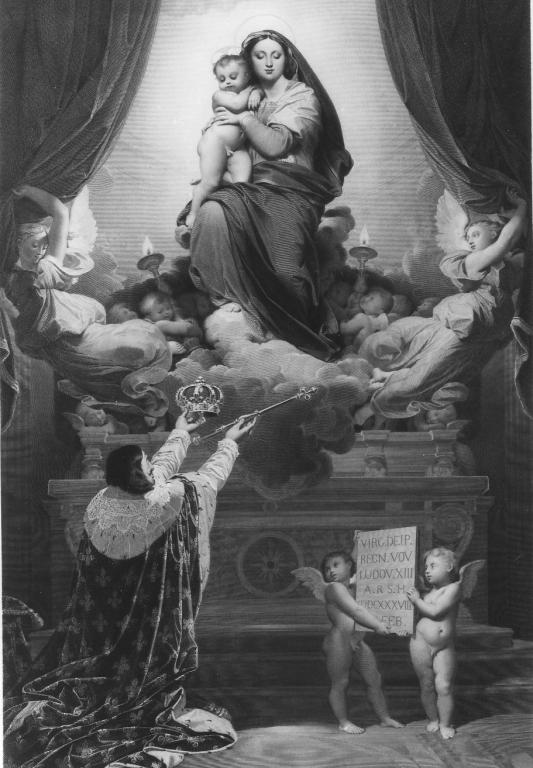 Madonna del voto, Madonna in gloria con Luigi XIII (stampa) di Calamatta Luigi (sec. XIX)