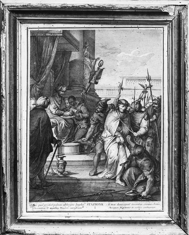 Stazione I: Gesù condannato a morte (stampa) di Zugno Francesco, Baratti Antonio (sec. XVIII)