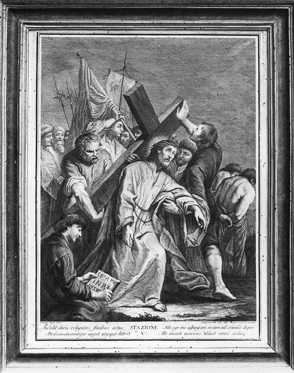 Stazione V: Gesù aiutato da Nicodemo a portare la croce (stampa) di Angeli Giuseppe, De Colle Pellegrino (sec. XVIII)