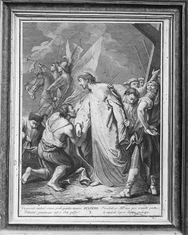 Stazione X: Gesù spogliato e abbeverato di fiele (stampa) di Angeli Giuseppe, De Colle Pellegrino (sec. XVIII)