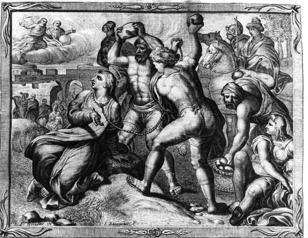 martirio di santo Stefano (stampa) di De Bar Nicolas, Baroni Giuseppe (sec. XVII)