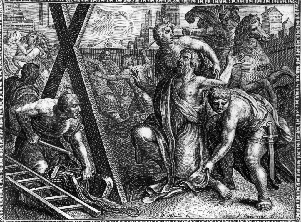 martirio di Sant'Andrea (stampa) di De Bar Nicolas, Baroni Giuseppe (sec. XVII)