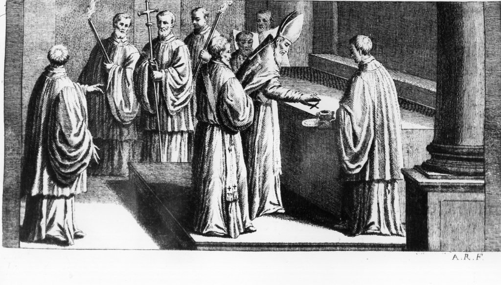 il vescovo consacra l'altare (stampa) di Rossi Andrea (sec. XVIII)