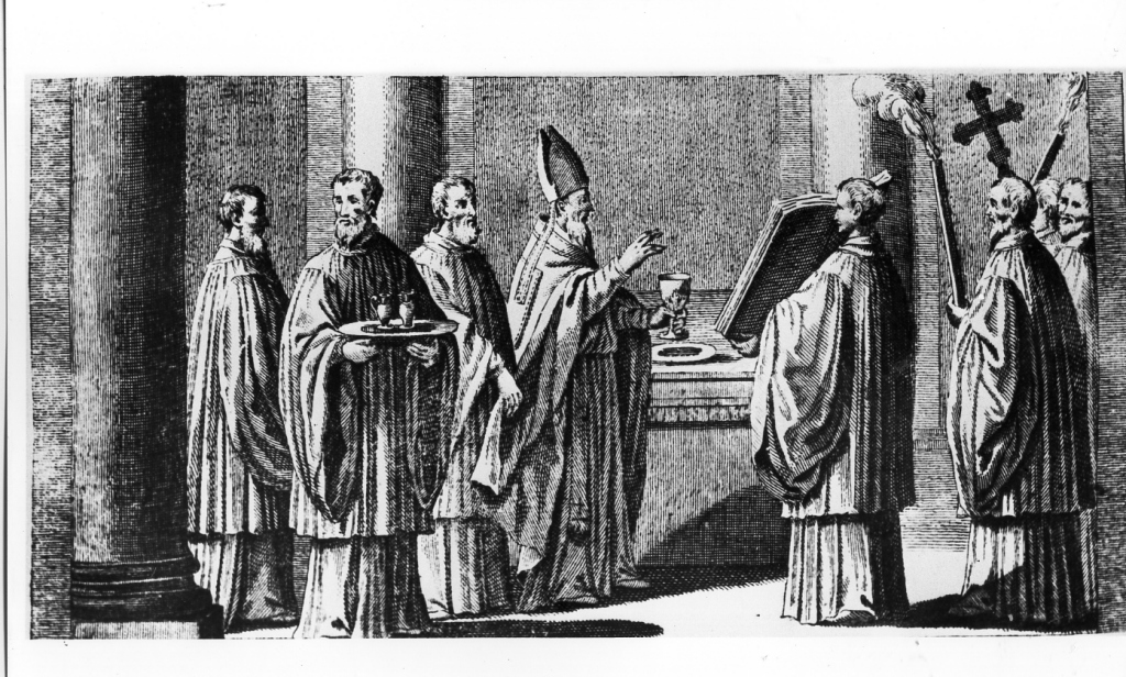 il vescovo consacra la patena e il calice (stampa) di Rossi Andrea (sec. XVIII)