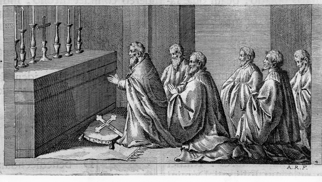 il vescovo benedice le croci astili (stampa) di Rossi Andrea (sec. XVIII)