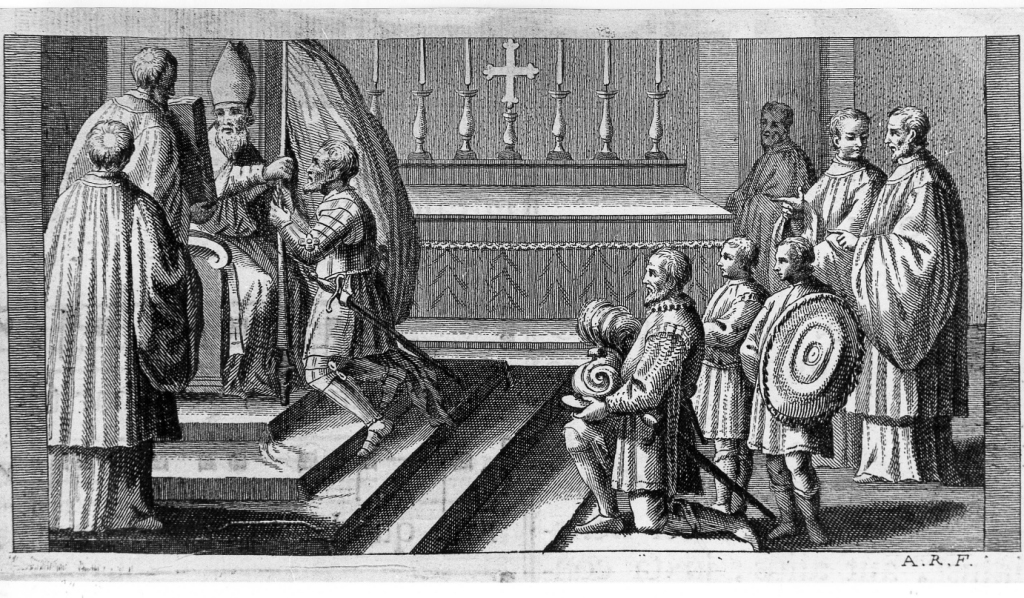 I soladati presentano al vescovo la bandiera per la benedizione (stampa) di Rossi Andrea (sec. XVIII)