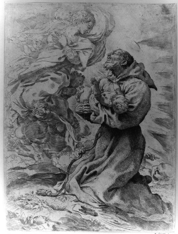 San Felice da Cantalice riceve Bambin Gesù dalla Madonna (stampa) di Faccini Pietro (fine sec. XVI)