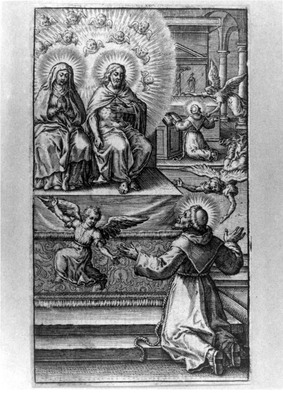 Cristo e la Madonna appaiono a San Francesco d'Assisi (stampa) di Deleu Thomas (sec. XVII)