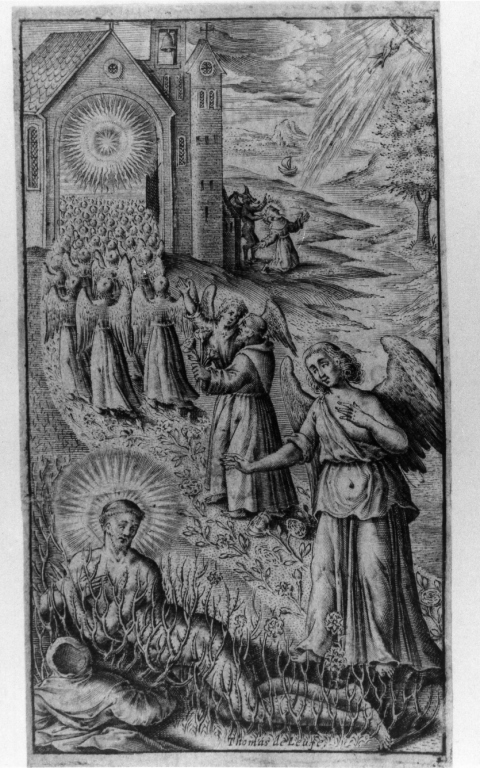 tentazioni di San Francesco d'Assisi (stampa smarginata) di Deleu Thomas (sec. XVII)