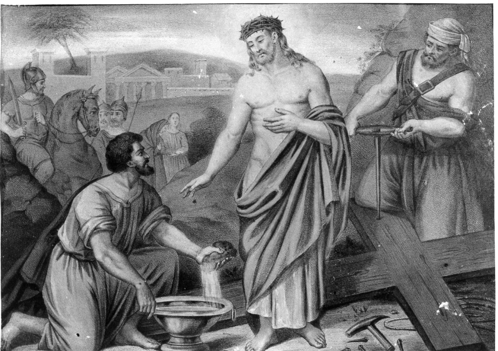 stazione X: Gesù spogliato e abbeverato di fiele (stampa) - ambito romano (prima metà sec. XIX)