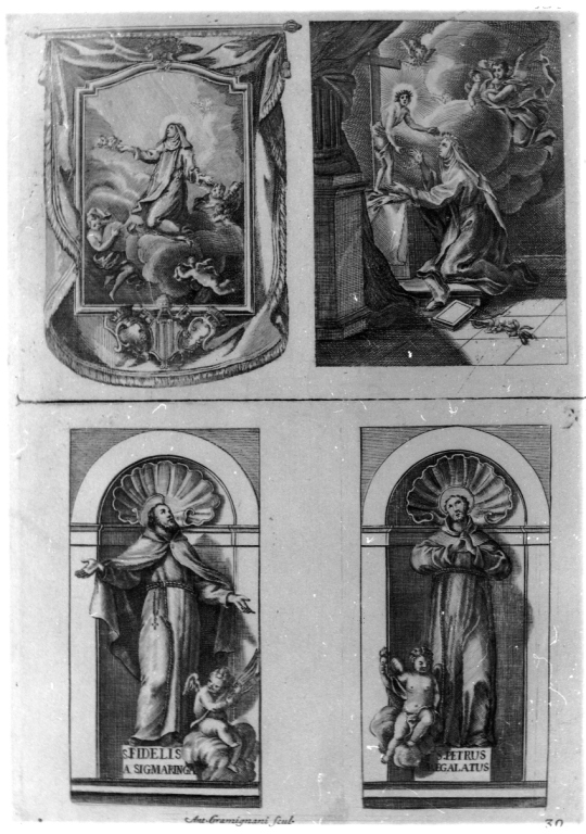 San Fedele da Sigmaringa, San Pedro Regalato e Santa Caterina dè Ricci (stampa, serie) di Gramignani Antonio (sec. XVIII)