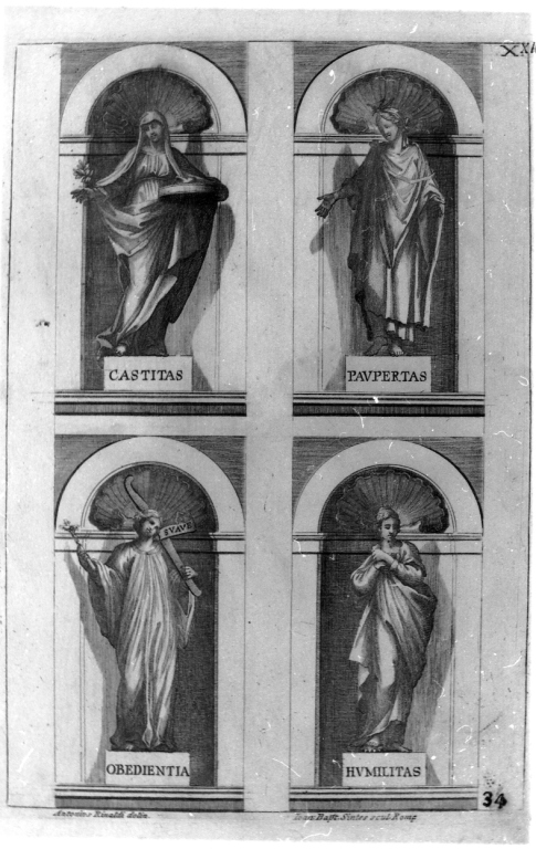 Castità e Povertà con Obbedienza e Umiltà (stampa, serie) di Rinaldi Antonio, Sintes Giovanni Battista (sec. XVIII)