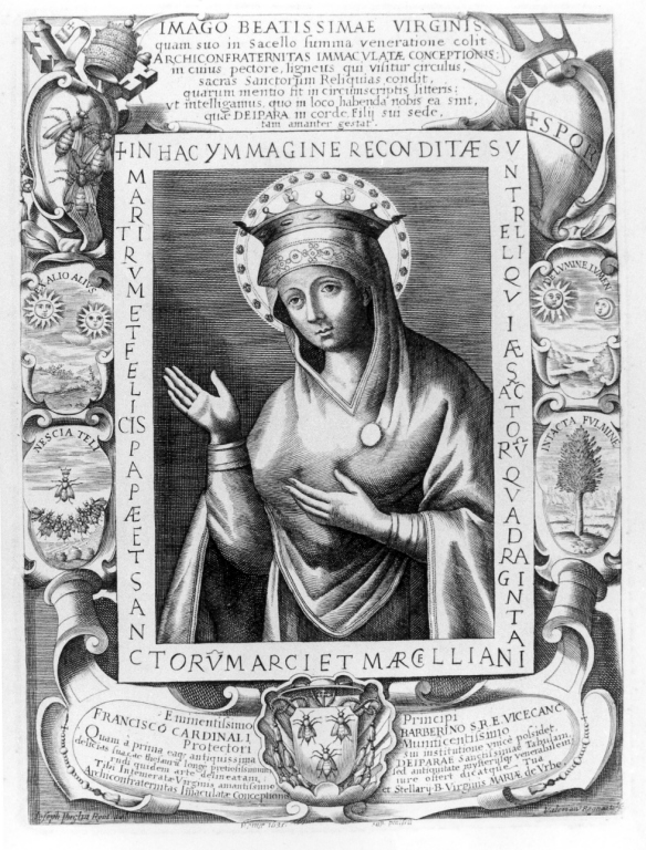 Madonna con imprese Barberini (stampa) di Regnart Valeriano, Paglia Giuseppe detto Bastaro (sec. XVII)