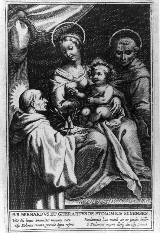 B.B. BERNARDVS ET GHERARDVS DE PTOLOMEIS SENENSES, Madonna con Bambino e Santi (stampa) - ambito italiano (fine sec. XVII)