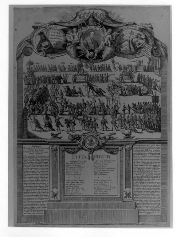 Funerali dell'ordine dei Gesuiti con ritratto di papa Clemente XIV (stampa smarginata) - ambito italiano (sec. XVIII)