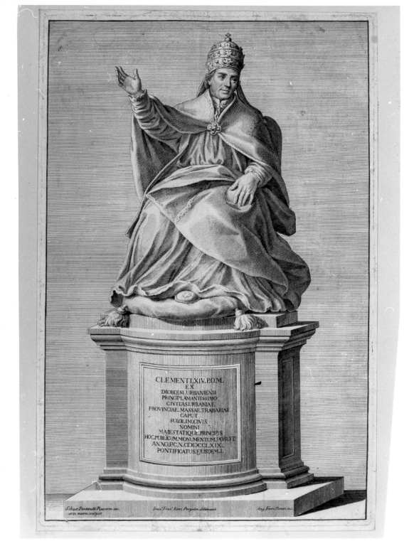 Clementi XIV P.O.M. ex Diocesi urbaniensi.., Statua di Clemente XIV (stampa) di Pantanelli Sebastiano, Ferri Angelo, Ferri Giovan Francesco (seconda metà sec. XVIII)