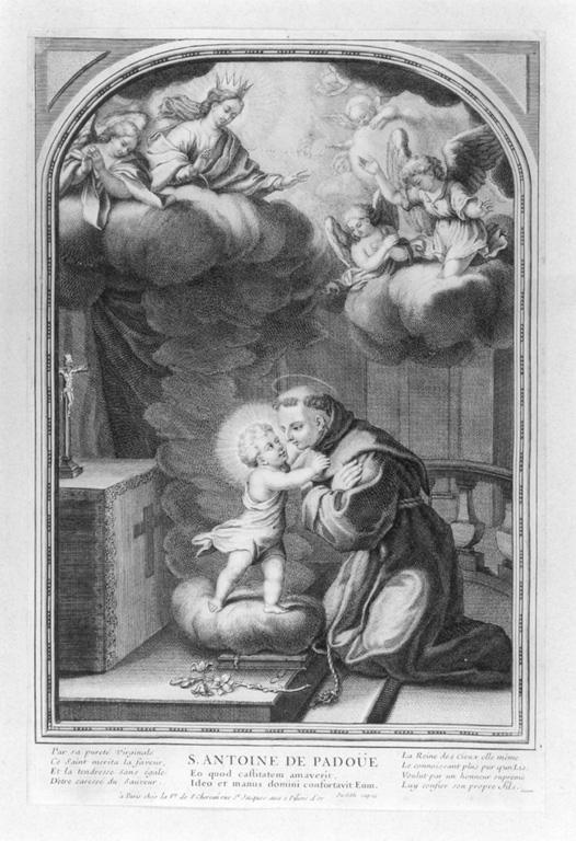 S. Antoine de Padoue (...), S. Antonio da Padova adora il Bambino (stampa) di Chereau Jacques (sec. XVIII)