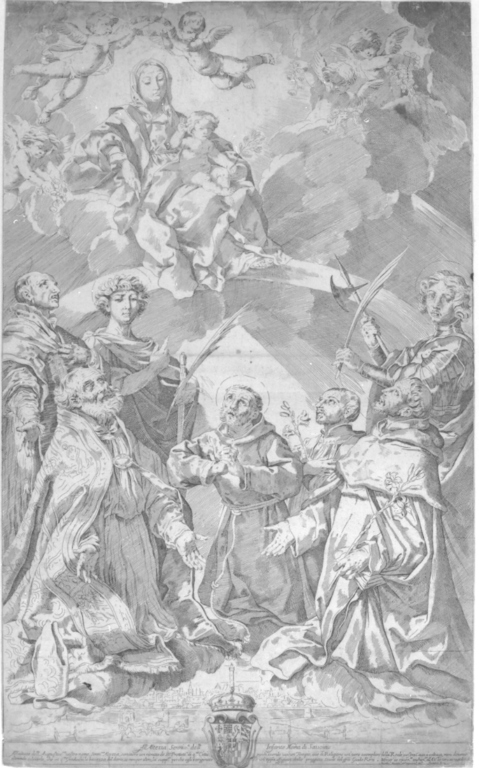 Madonna con Bambino tra i S. Francesco d'Assisi e S. Antonio da Padova e santi (stampa) di Reni Guido (sec. XVII)