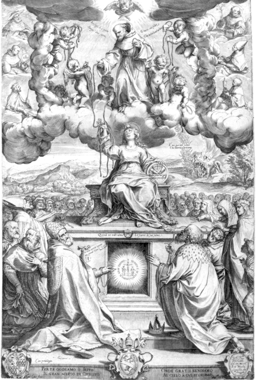 S. Francesco d'Assissi dona i cordoni ad un personaggio femminile (stampa) - ambito italiano (sec. XVI)