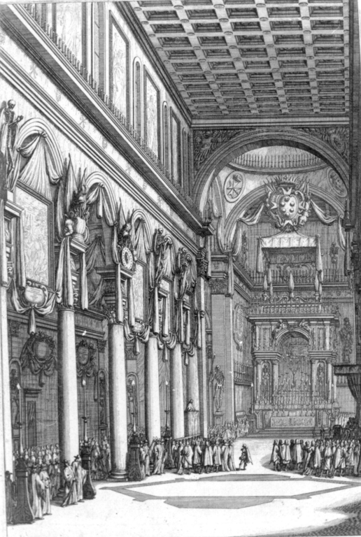 Apparato funebre nella chiesa di san Lorenzo a Firenze per Ferdinando II di Toscana (stampa) di Falda Giovan Battista (sec. XVII)