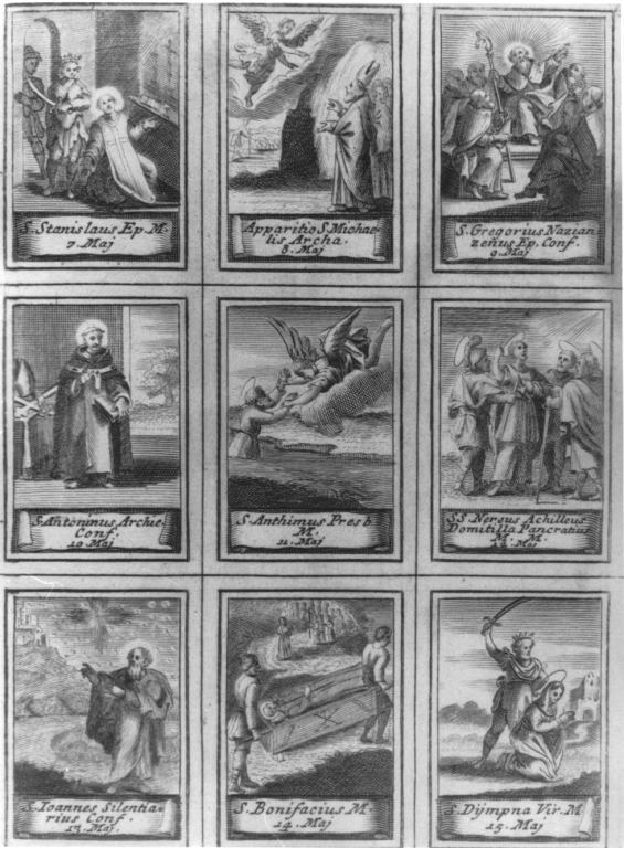 calendario liturgico con figure di Santi dal 7 al 15 maggio (stampa smarginata) - ambito romano (seconda metà sec. XVII)