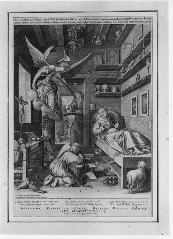 San Francesco d'Assisi morente ha la visione dell'angelo che suona il violino (stampa) di Sadeler Raphael I (attribuito), Piazza Paolo detto Fra' Cosimo Cappuccino (attribuito) (sec. XVII)