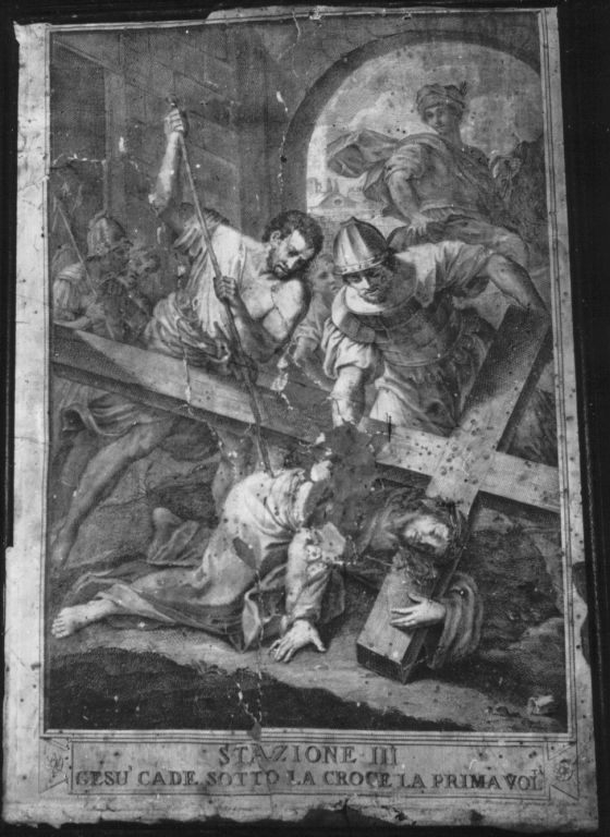 stazione III: Gesù cade sotto la croce la prima volta (stampa) di Cecchini Francesco - ambito laziale, ambito laziale (fine/inizio secc. XVIII/ XIX)