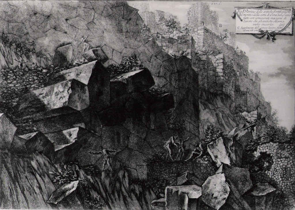 rovine delle antiche fortificazioni del monte e della città di Cora nel Lazio (stampa) di Piranesi Giovanni Battista (prima metà sec. XX)