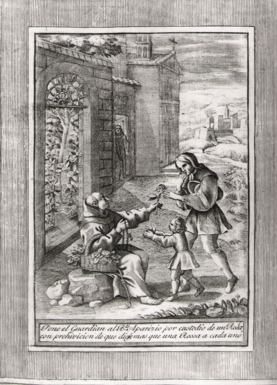 pone el guardian al b.to Aparizio por custodio.., beato Sebastiano di Aparicio custosdisce un roseto (stampa, serie) di Bombelli Pietro Leone (seconda metà sec. XVIII)