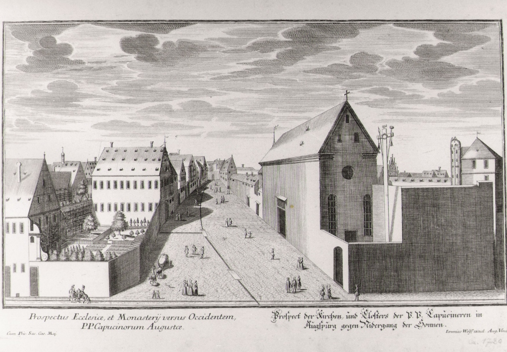 prospectus eccelsiae et.., veduta del convento dei Cappuccini ad Augusta (stampa) - ambito tedesco (prima metà sec. XVIII)