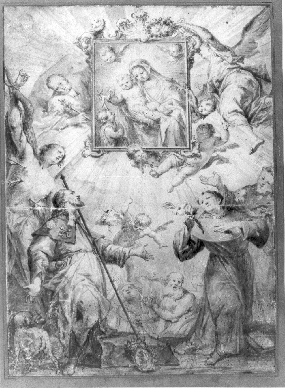 San Francesco, San Rocco, Sant'Antonio, San Sebastiano pregano per le anime del Purgatorio (disegno) - ambito austriaco (sec. XVIII)