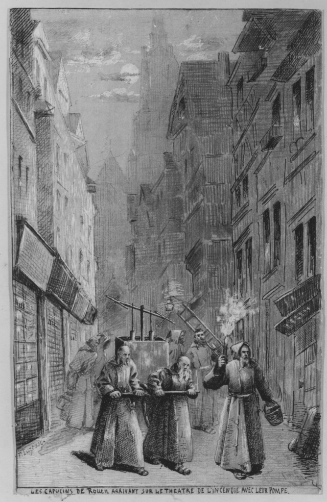 frati cappuccini pompieri nella città di Rouen (disegno) di Luzeau Brochard Fernand Adolphe (attribuito) (secc. XIX/ XX)
