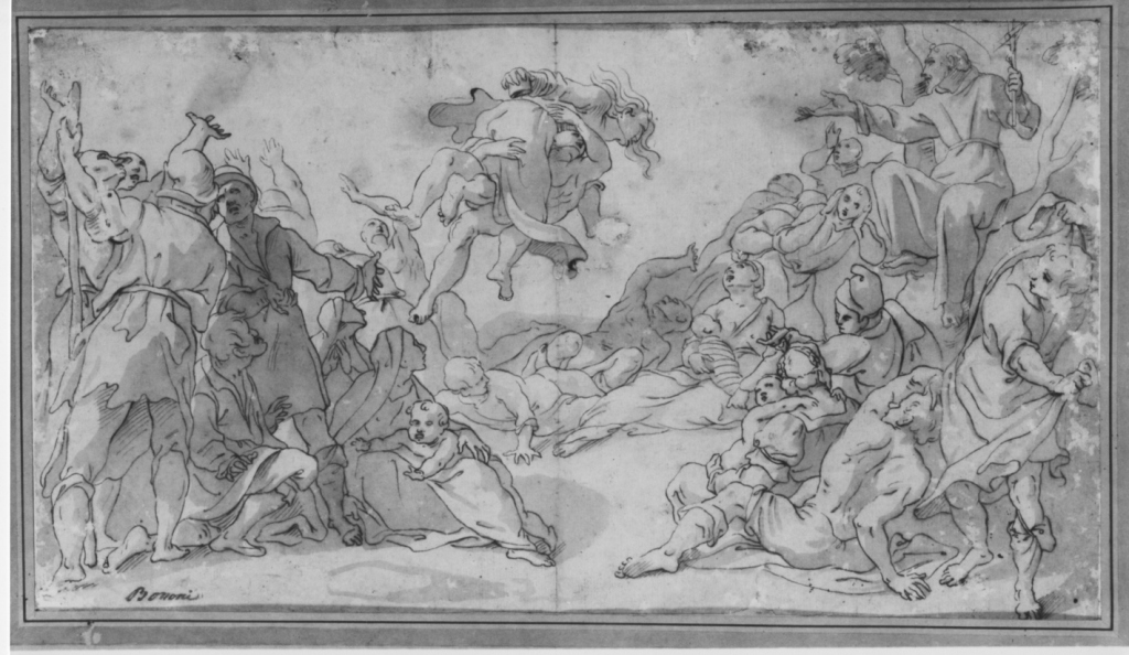 san Francesco d'Assisi predice la dannazione di una donna (disegno) di Cambiaso Luca (attribuito) (fine sec. XVI)
