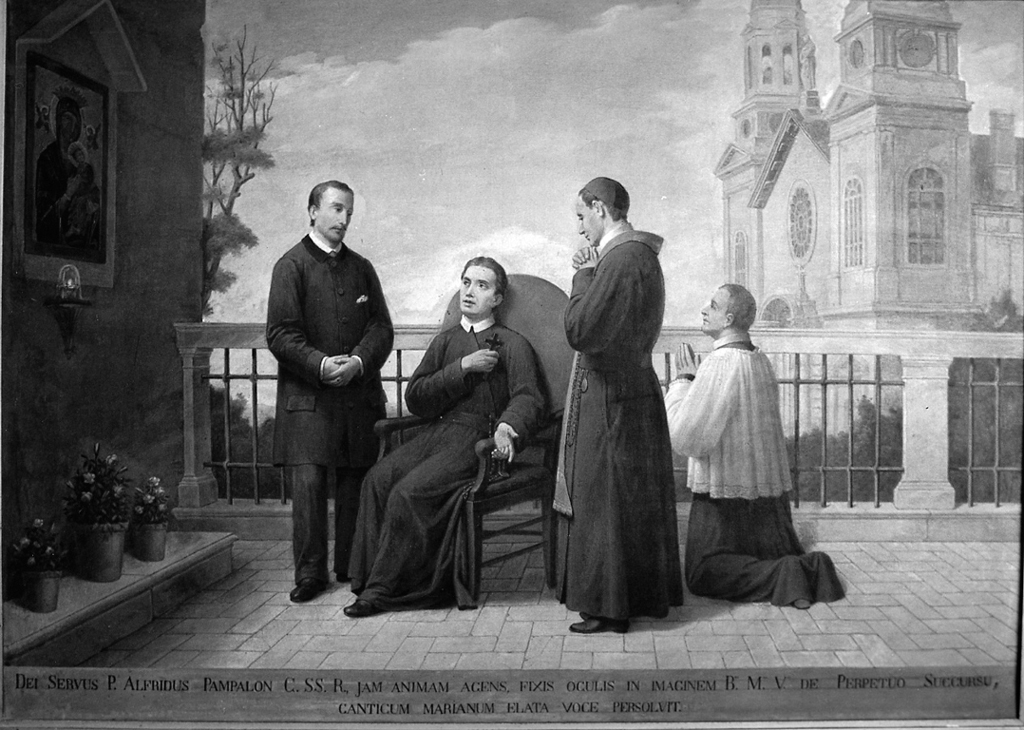 Padre Alfredo Pampalon, in punto di morte, contempla l'immagine della Madonna del Perpetuo Soccorso (dipinto) di Gagliardi Giovanni (sec. XX)