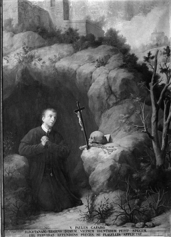 Paolo Cafaro ritirato in preghiera nella grotta (dipinto) di Gagliardi Giovanni (sec. XX)