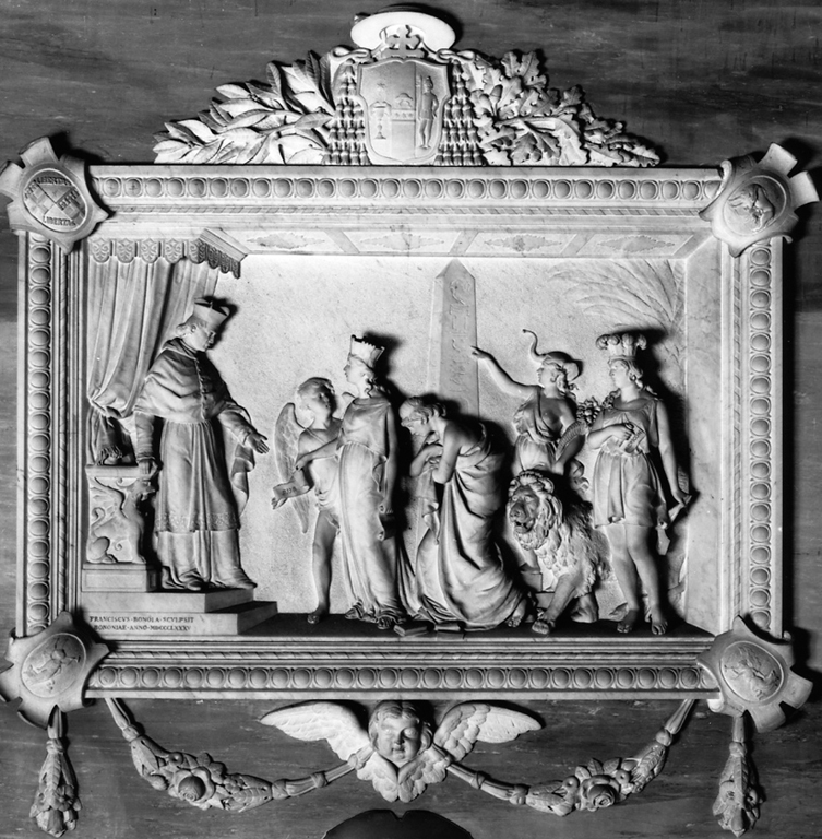 il cardinale Giuseppe Mezzofanti riceve l'omaggio degli idiomi della terra (rilievo) di Bonola Francesco (sec. XIX)