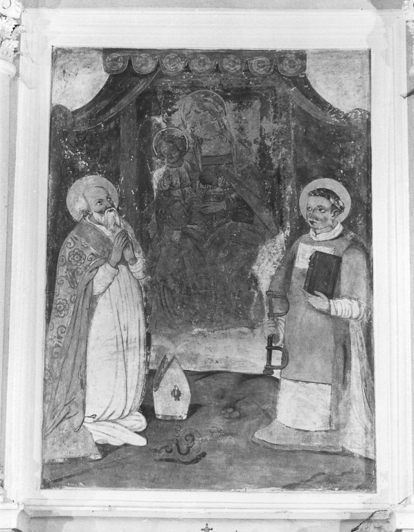 Madonna con Bambino, San Leonardo e un santo vescovo (dipinto) - ambito laziale (metà sec. XVII)